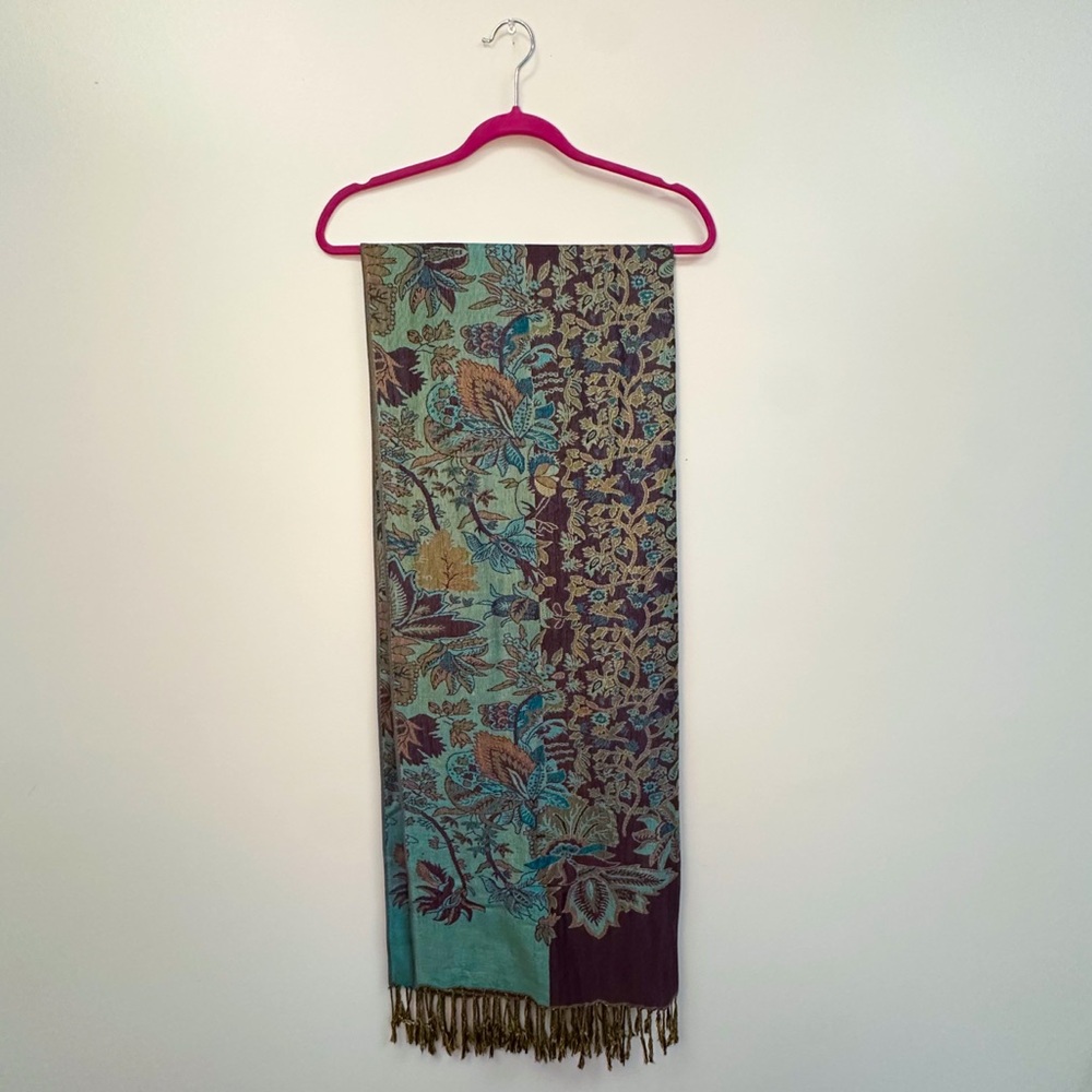 Pashmina style scarf with plum and turquoise floral pattern